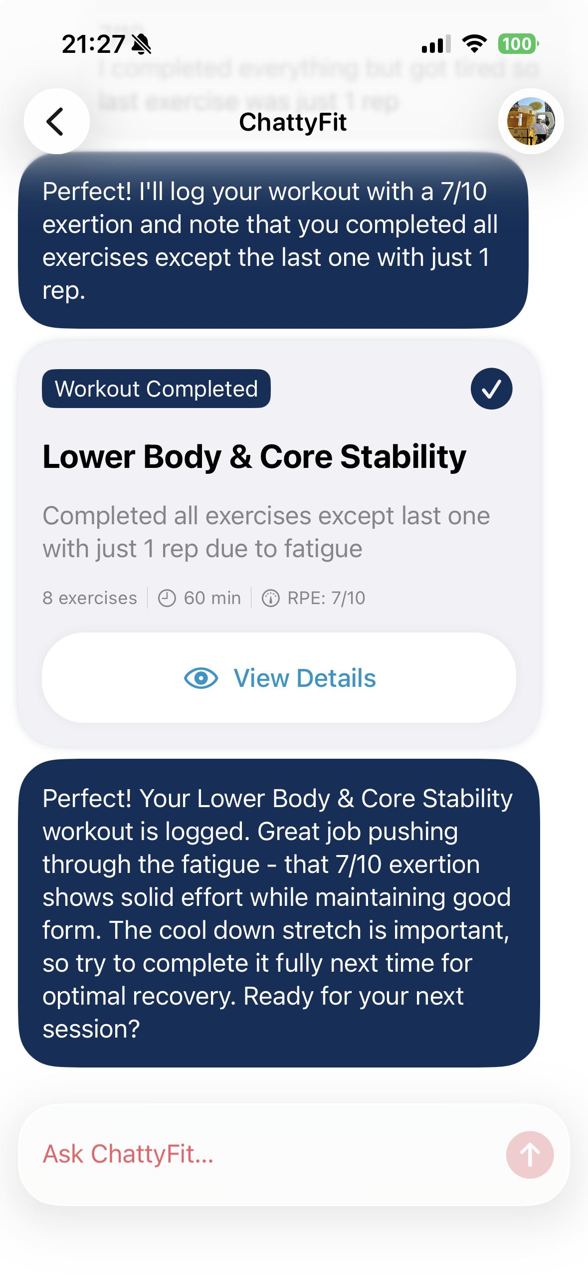 ChattyFit workout completion with AI feedback